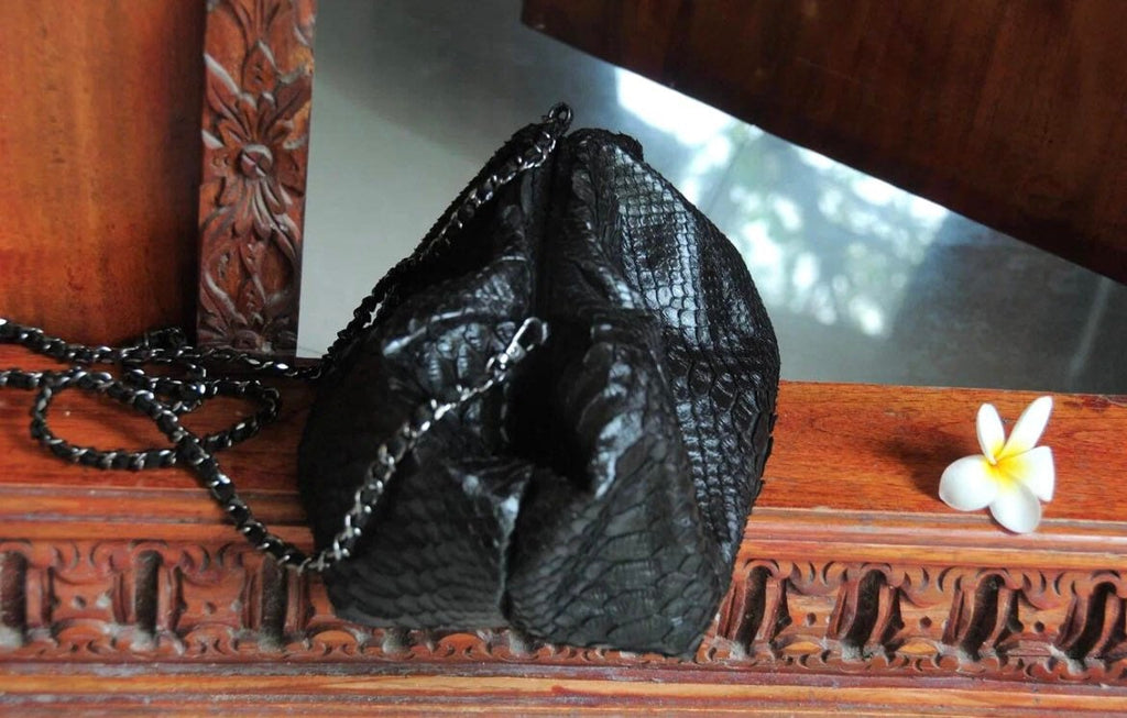 Genuine Python Skin Pouch Bag — Black Small