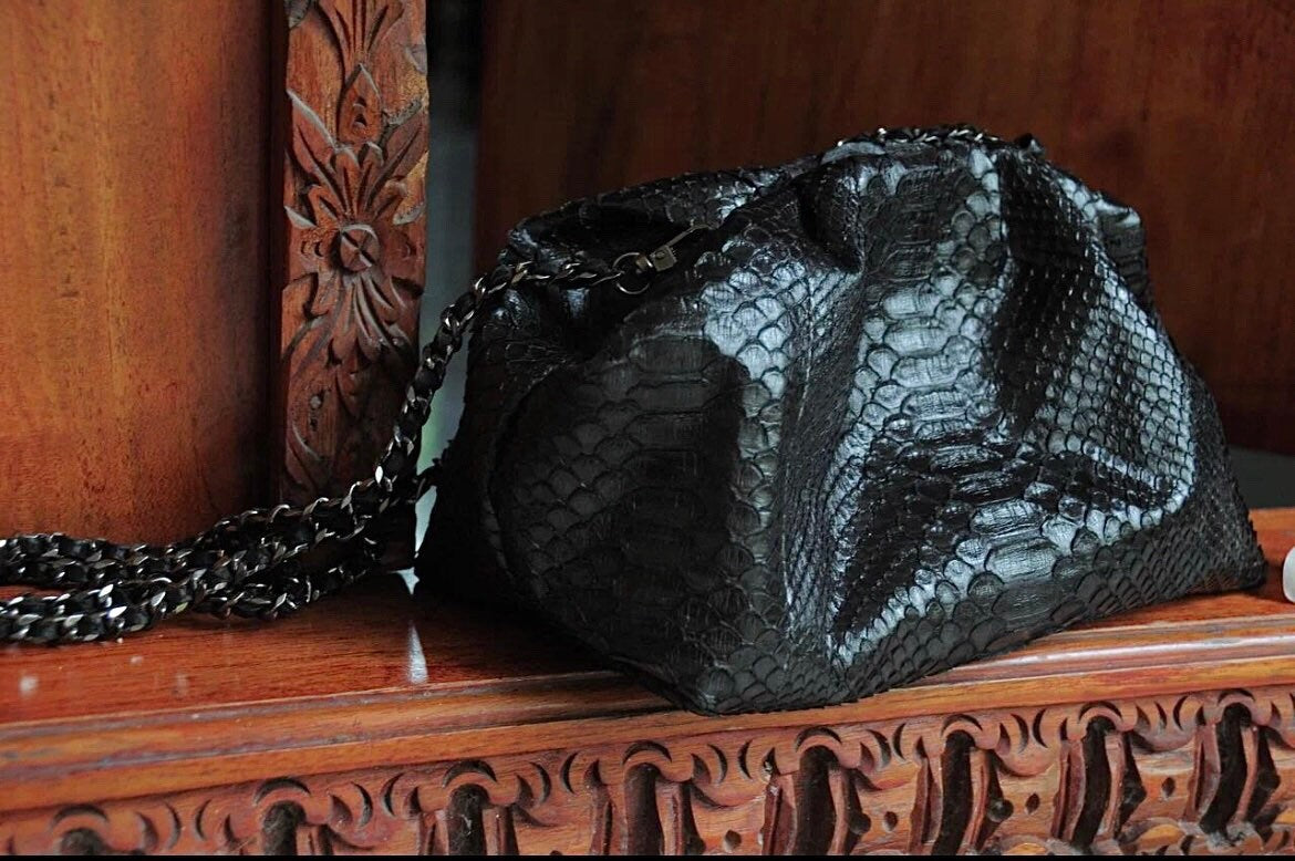 Genuine Python Skin Pouch Bag — Black Small