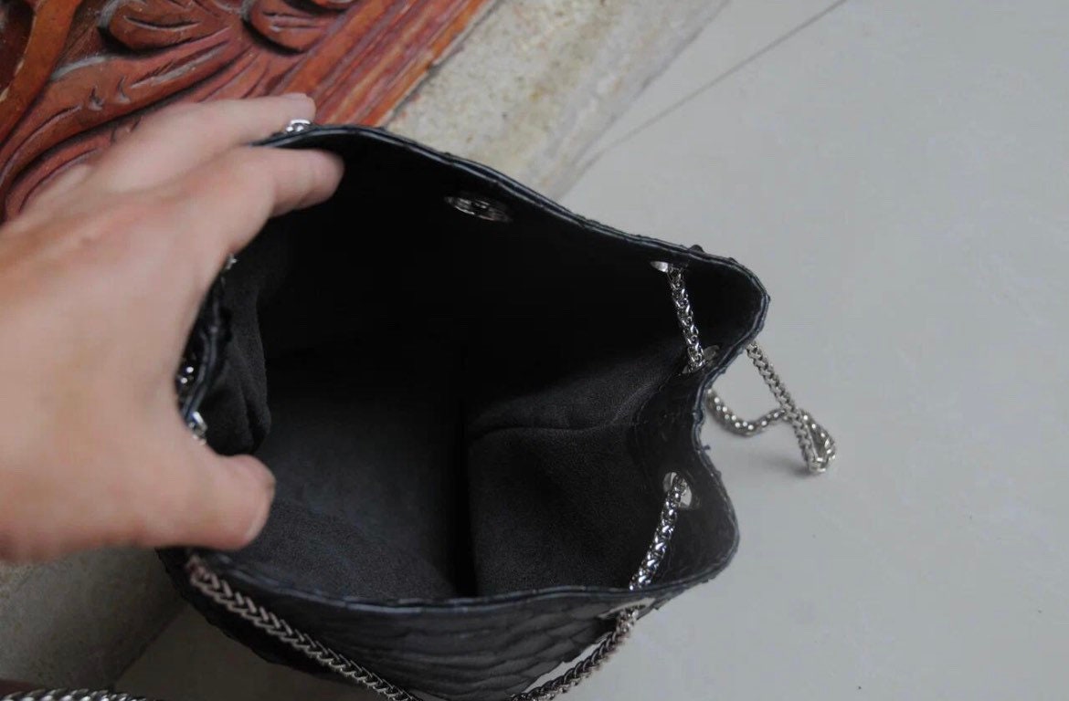 Genuine Python Skin Bucket Bag — Black