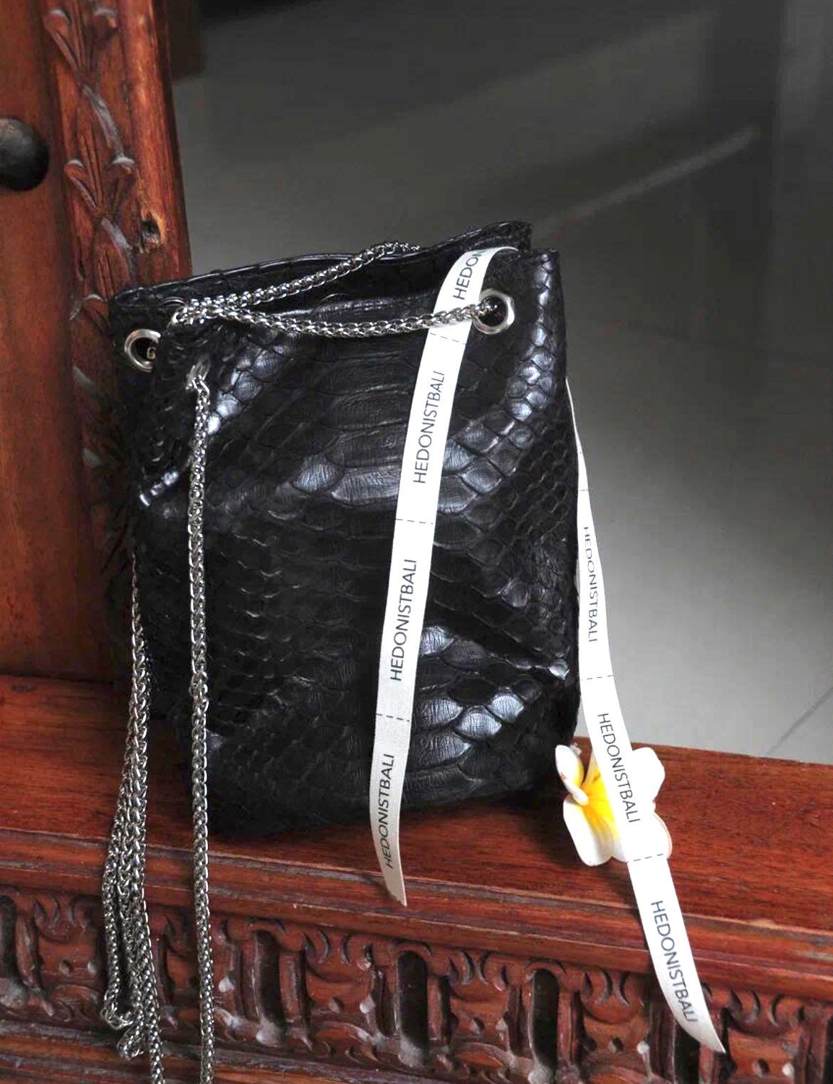 Genuine Python Skin Bucket Bag — Black