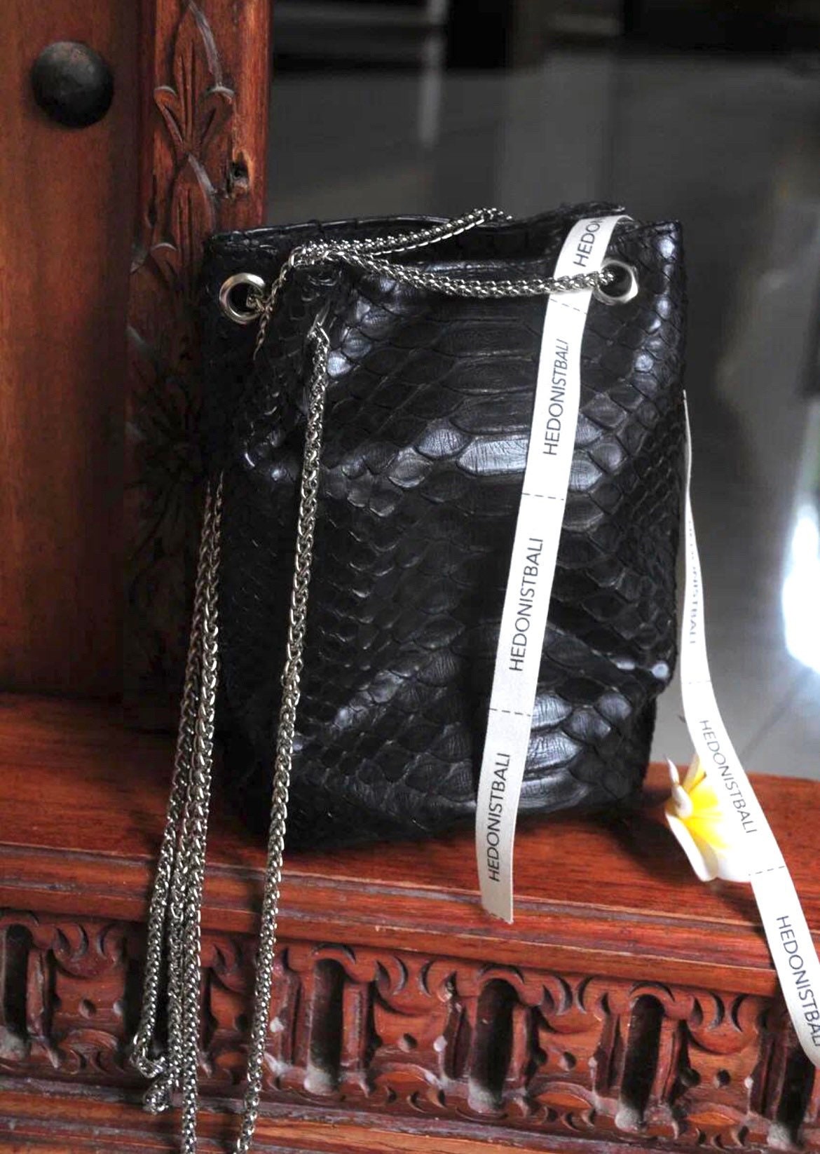 Genuine Python Skin Bucket Bag — Black