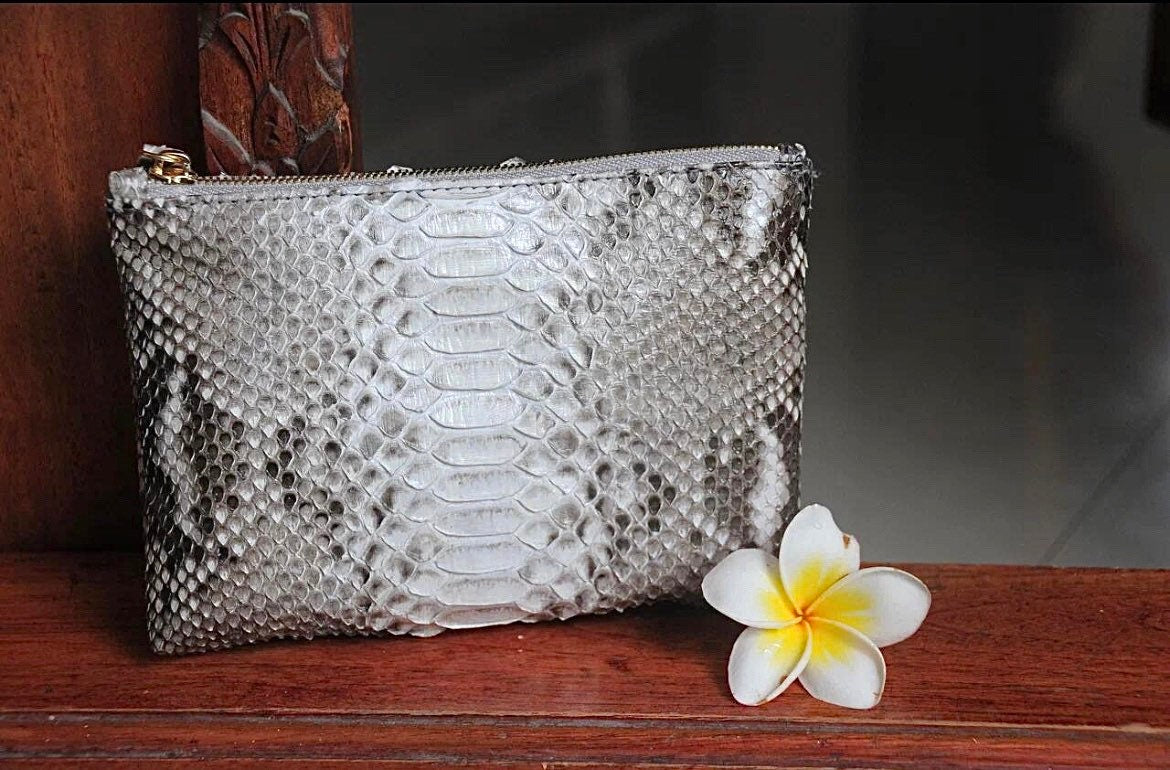 Genuine Python Skin Cosmetic Bag — Grey