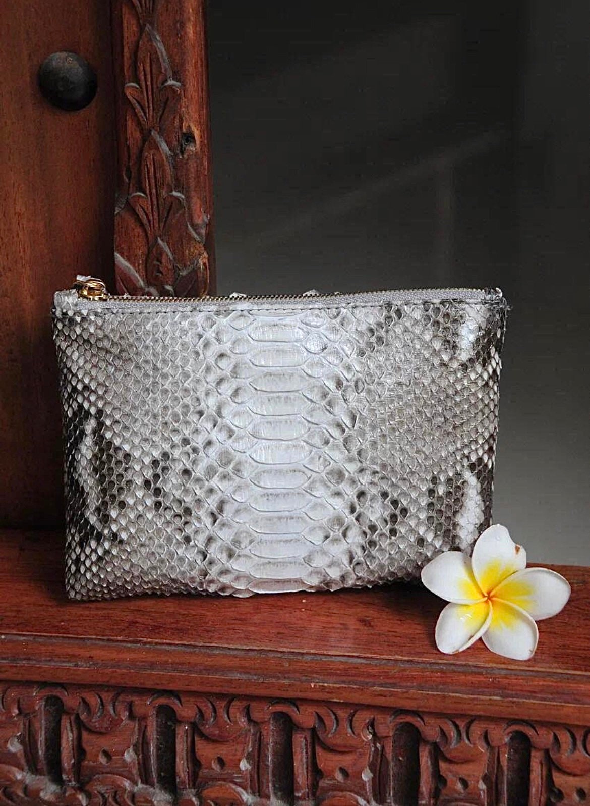 Genuine Python Skin Cosmetic Bag — Grey