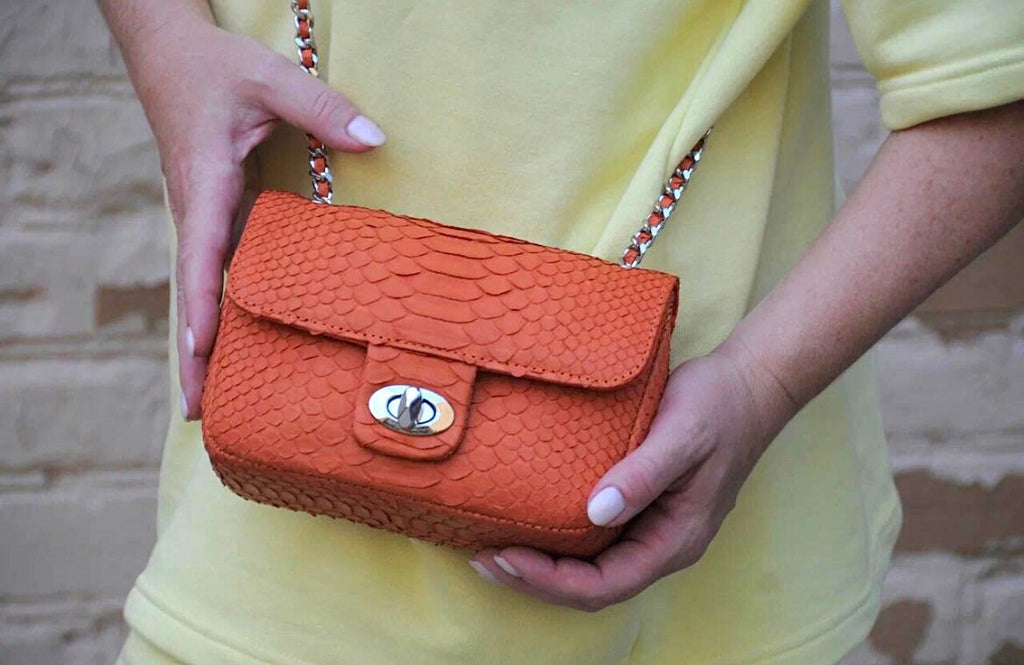 Genuine Python Skin Mini Chain Bag — Orange