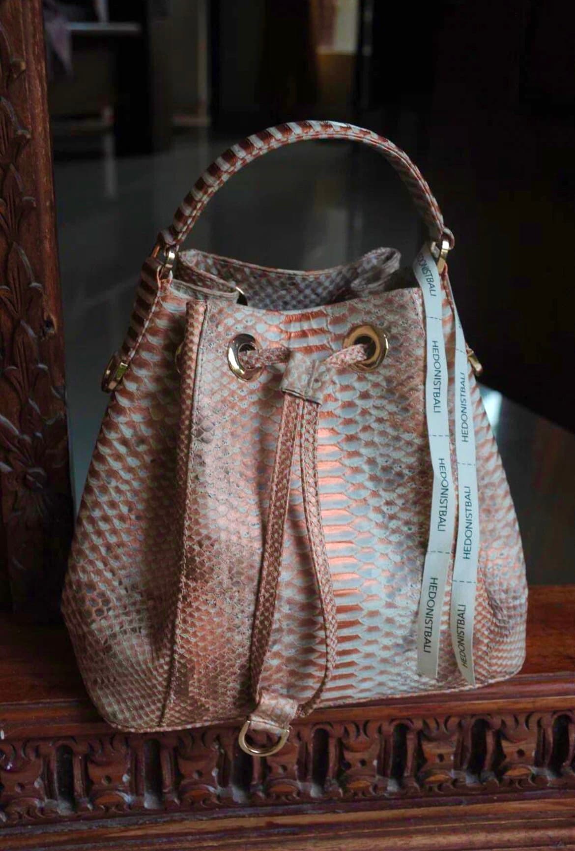 Genuine Python Skin Bucket Crossbody Bag PAULA — Peachy Gold