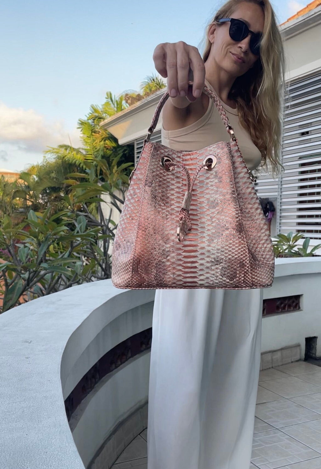 Genuine Python Skin Bucket Crossbody Bag PAULA — Peachy Gold