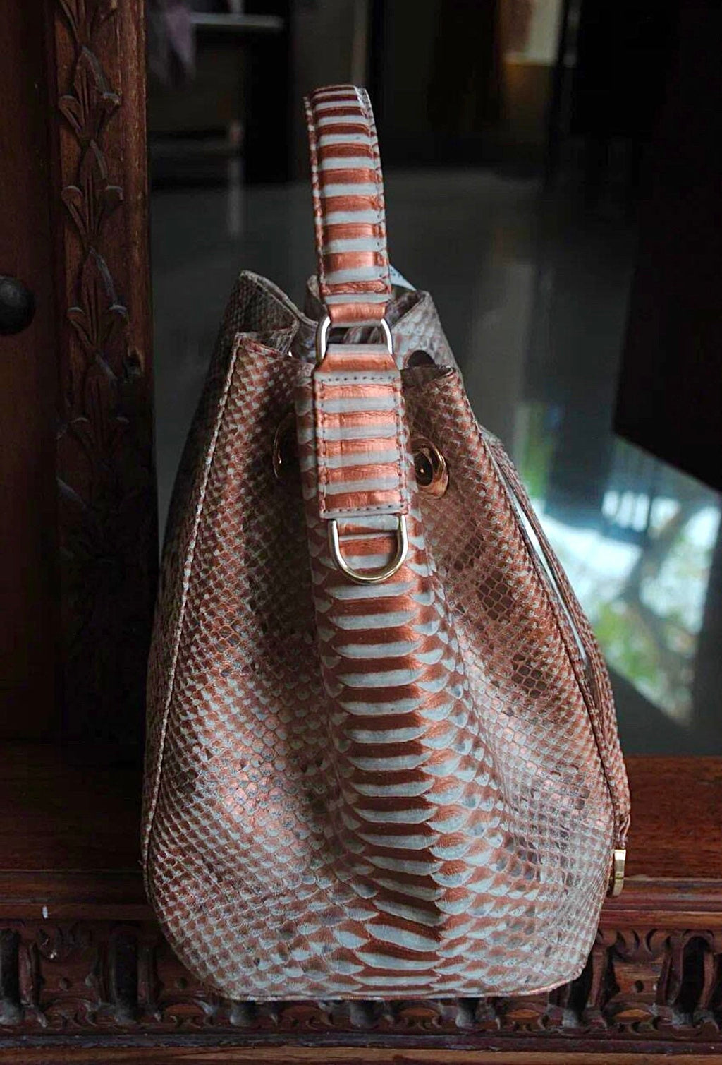 Genuine Python Skin Bucket Crossbody Bag PAULA — Peachy Gold