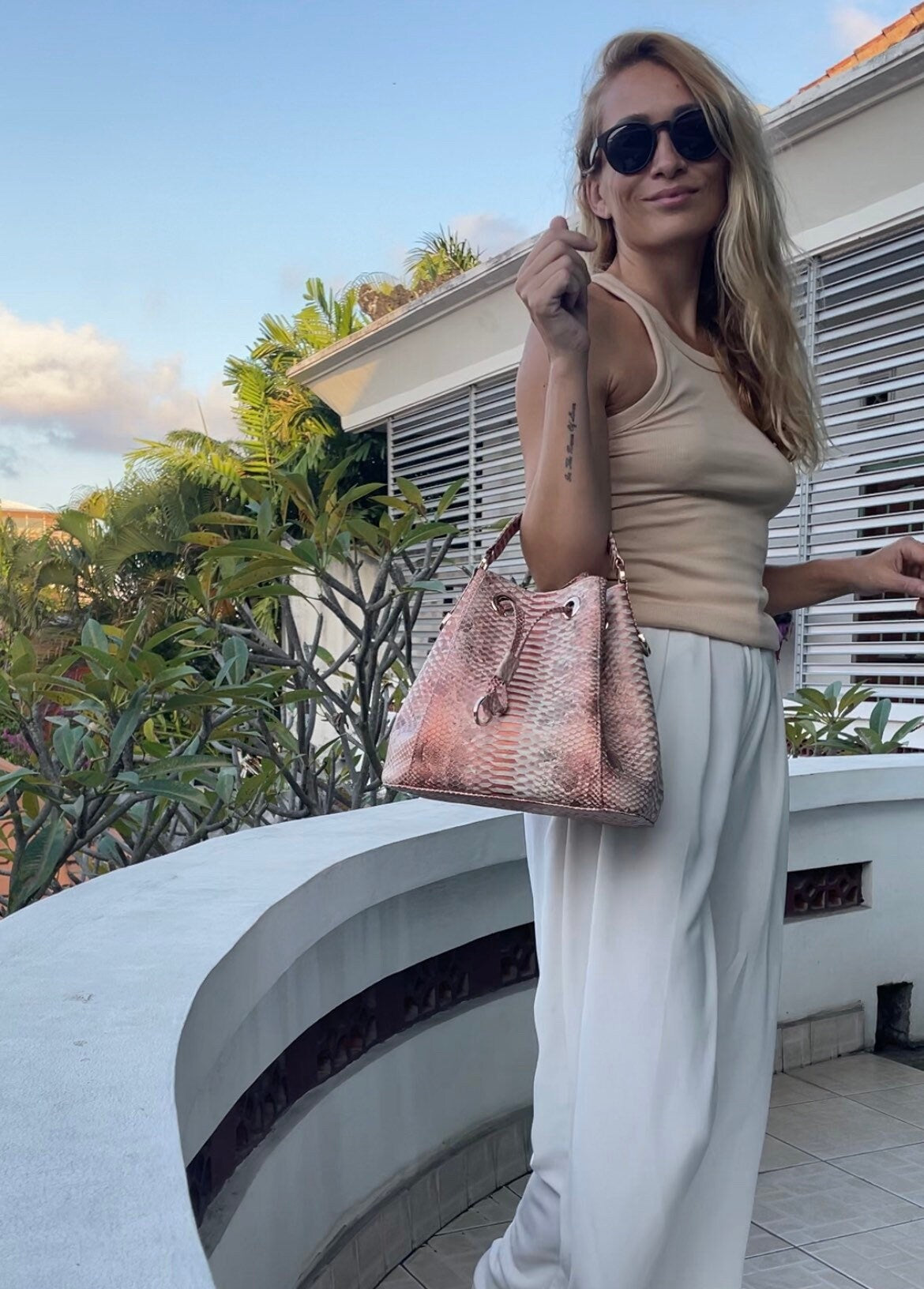 Genuine Python Skin Bucket Crossbody Bag PAULA — Peachy Gold