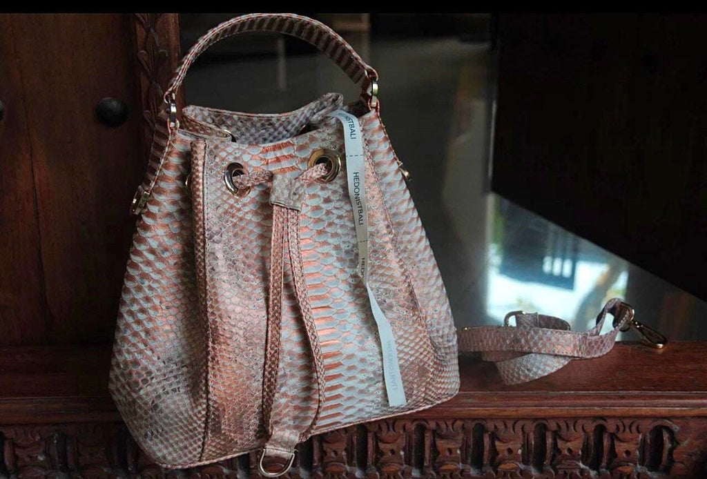 Genuine Python Skin Bucket Crossbody Bag PAULA — Peachy Gold