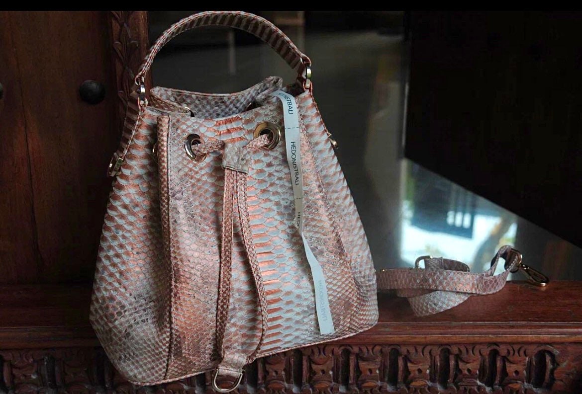 Genuine Python Skin Bucket Crossbody Bag PAULA — Peachy Gold