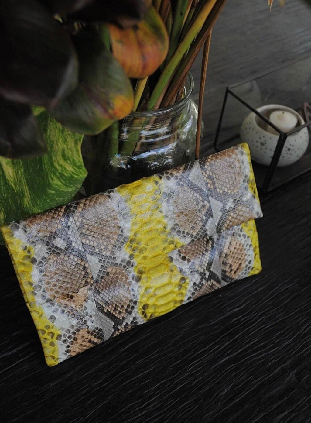 Genuine Python Skin Envelope Clutch — Yellow & Brown