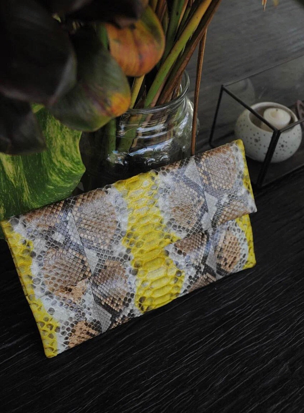 Genuine Python Skin Envelope Clutch — Yellow & Brown