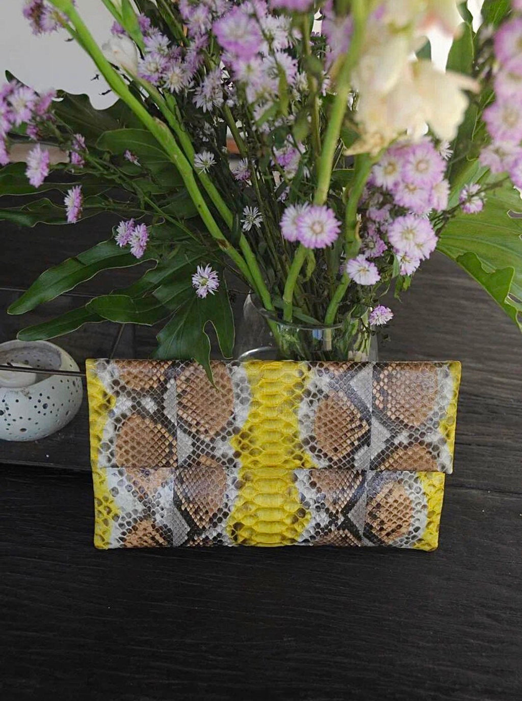 Genuine Python Skin Envelope Clutch — Yellow & Brown