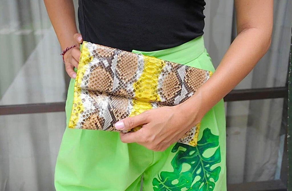 Genuine Python Skin Envelope Clutch — Yellow & Brown