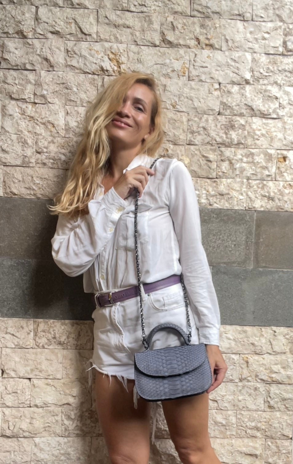 Genuine Python Skin Top Handle Gray Crossbody Bag — Grey