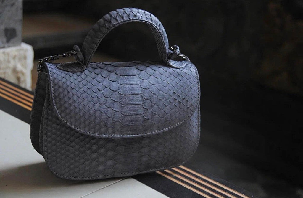 Genuine Python Skin Top Handle Gray Crossbody Bag — Grey