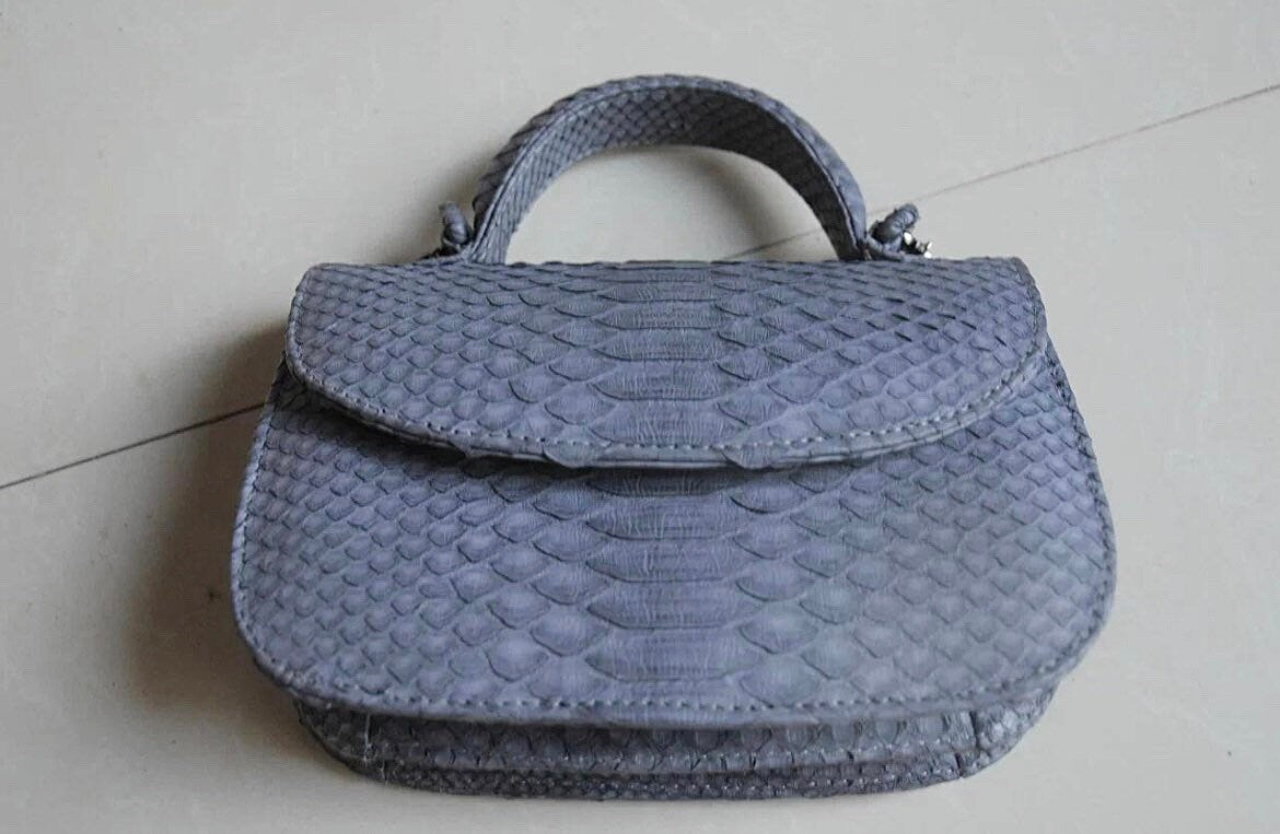 Genuine Python Skin Top Handle Gray Crossbody Bag — Grey