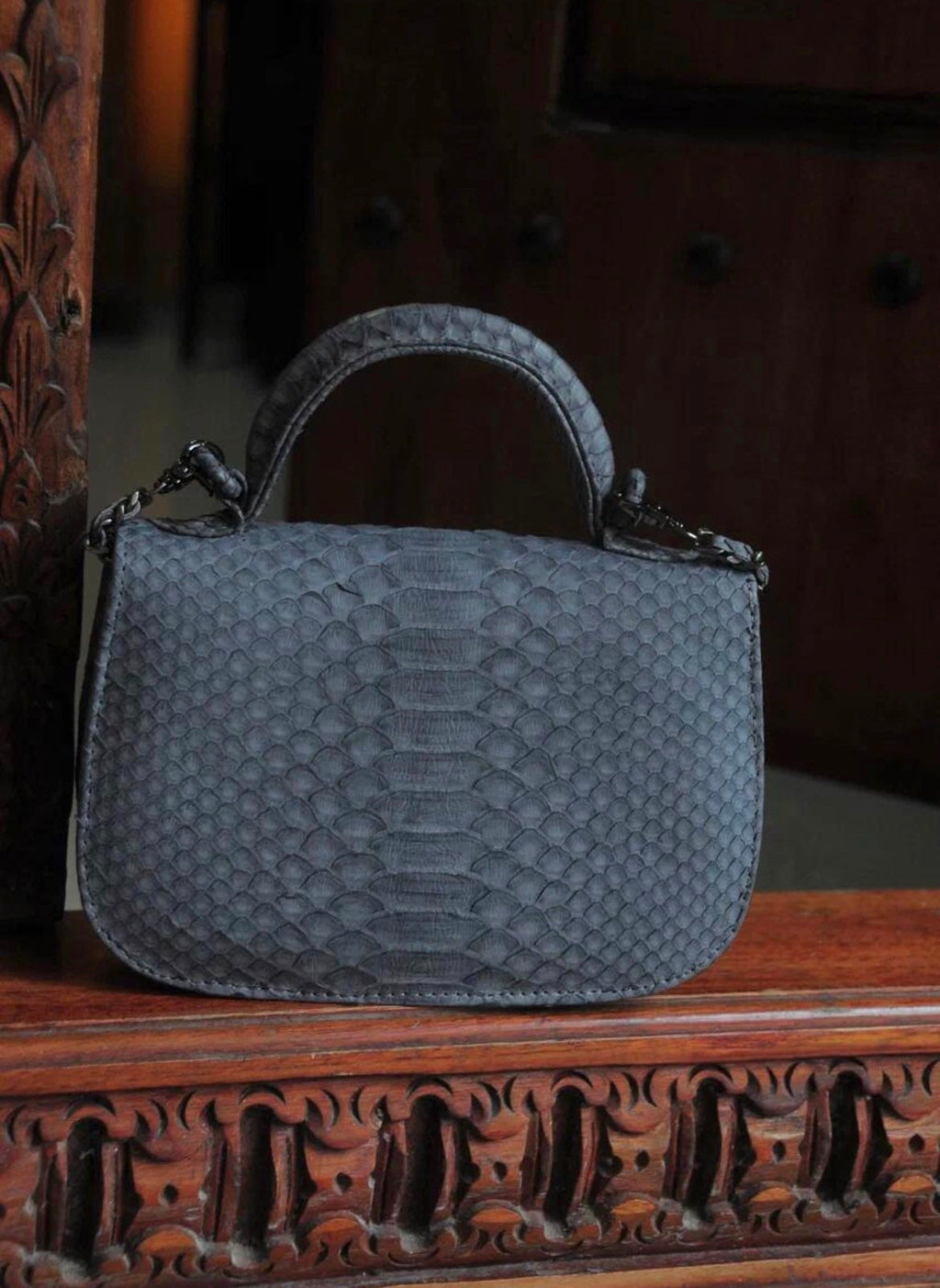 Genuine Python Skin Top Handle Gray Crossbody Bag — Grey