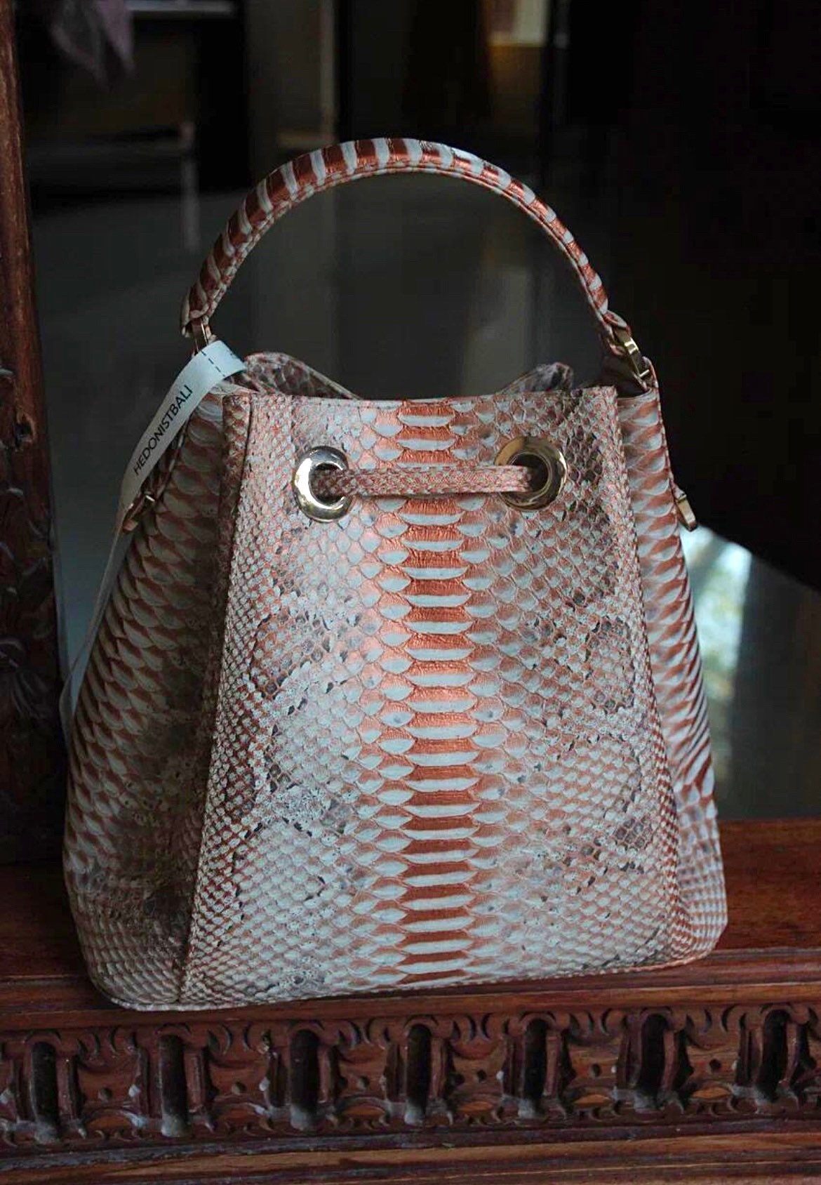 Genuine Python Skin Bucket Crossbody Bag PAULA — Peachy Gold
