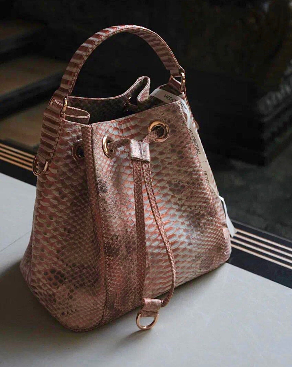 Genuine Python Skin Bucket Crossbody Bag PAULA — Peachy Gold