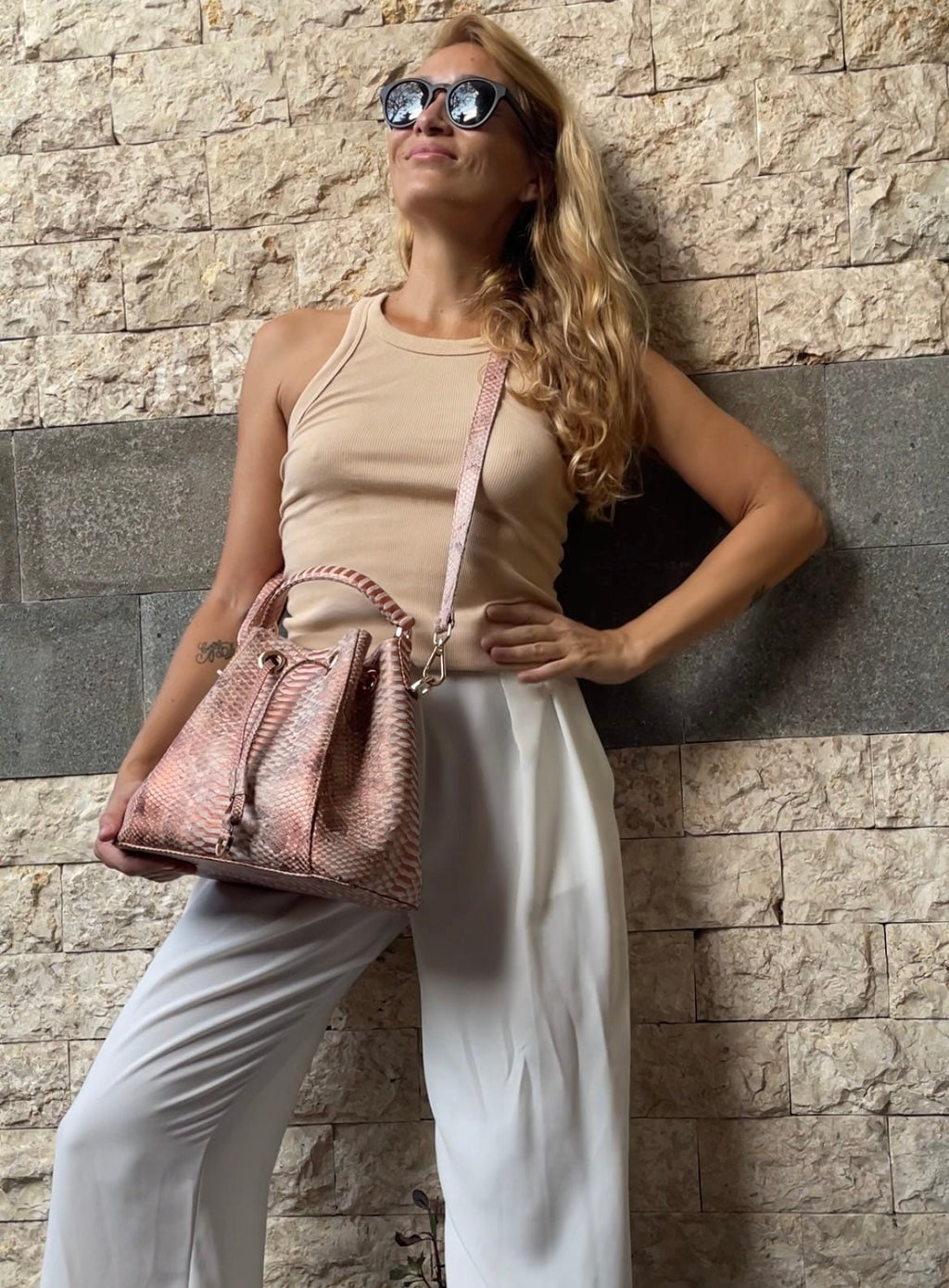 Genuine Python Skin Bucket Crossbody Bag PAULA — Peachy Gold