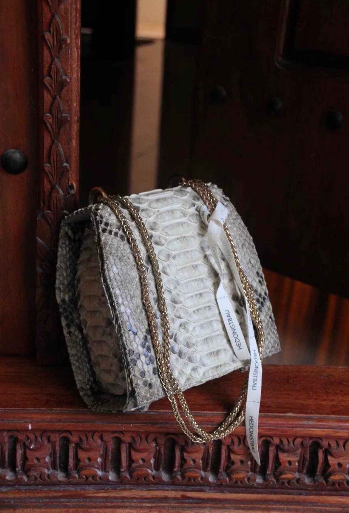 Genuine Python Skin Chain Crossbody Bag — Grey