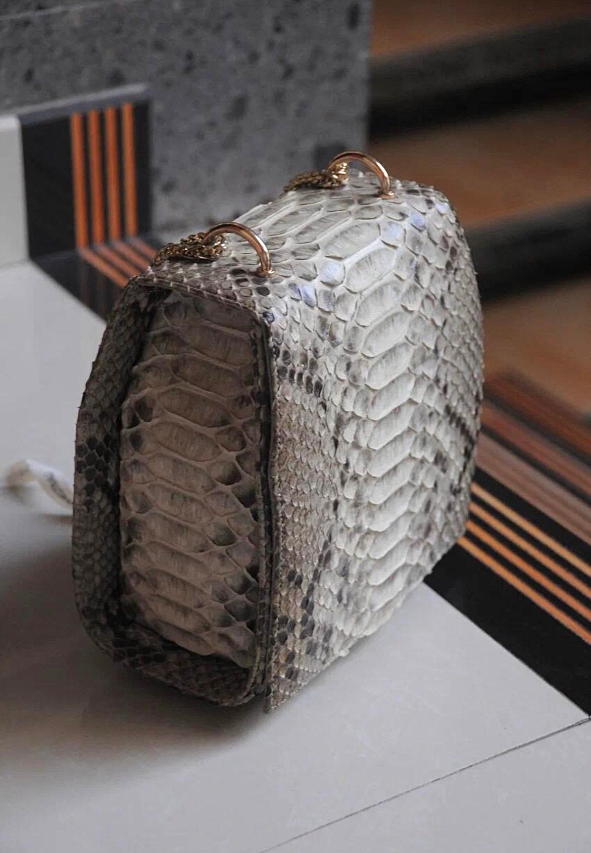 Genuine Python Skin Chain Crossbody Bag — Grey