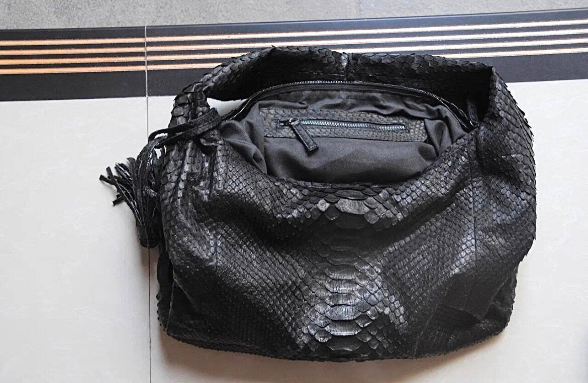 Big Soft Hobo Classy Sport Woman Bag | Purse Genuine Python Skin | Python Skin Products | Black Big Elegant Leather Designer Soft Bag Snake