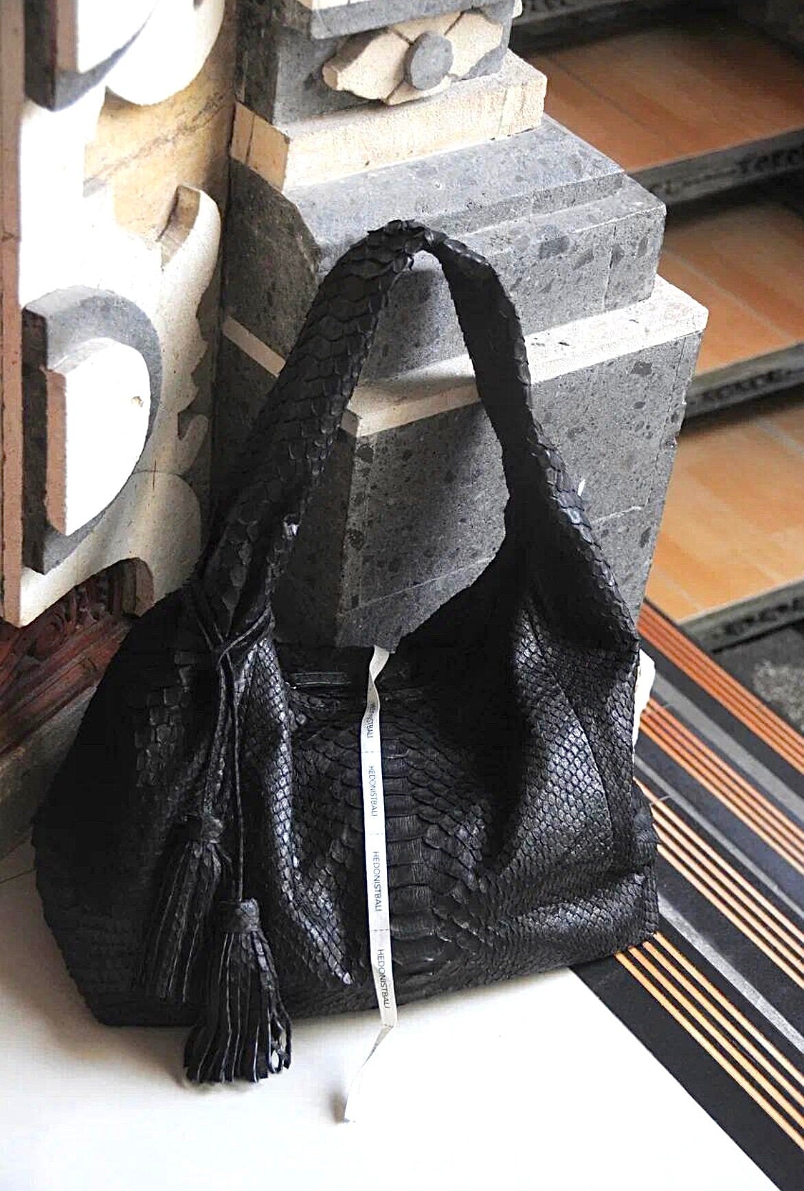 Big Soft Hobo Python Skin Bag — Black