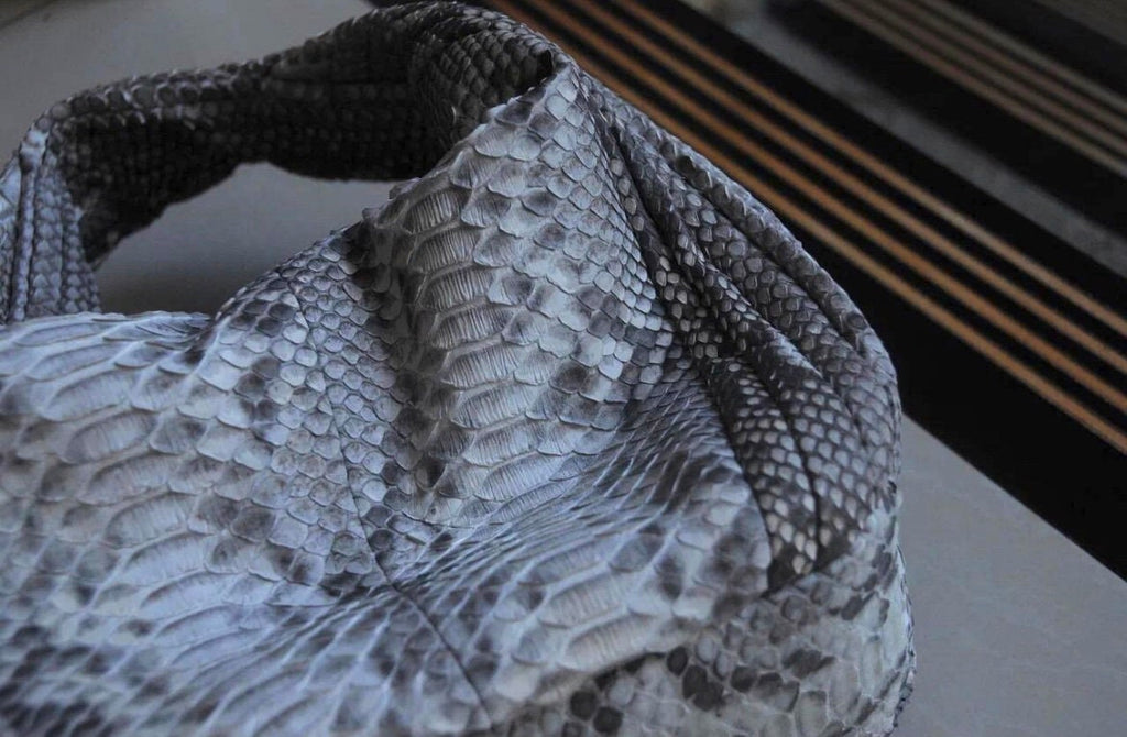 Medium Soft Hobo Python Skin Stitched Bag — Gray