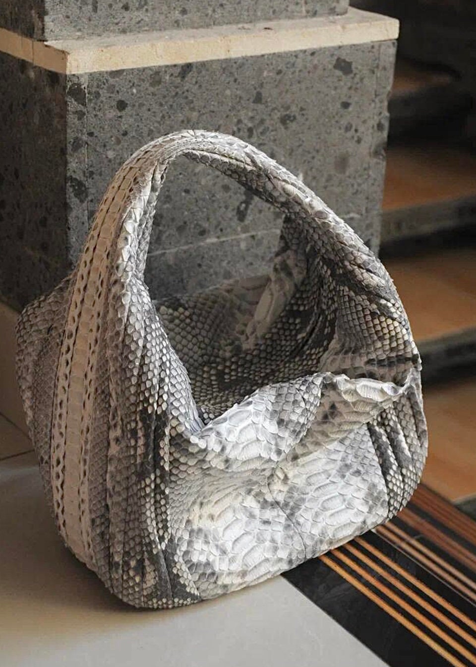 Medium Soft Hobo Python Skin Stitched Bag — Gray