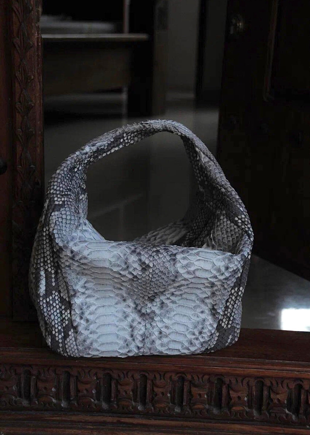 Medium Soft Hobo Python Skin Stitched Bag — Gray