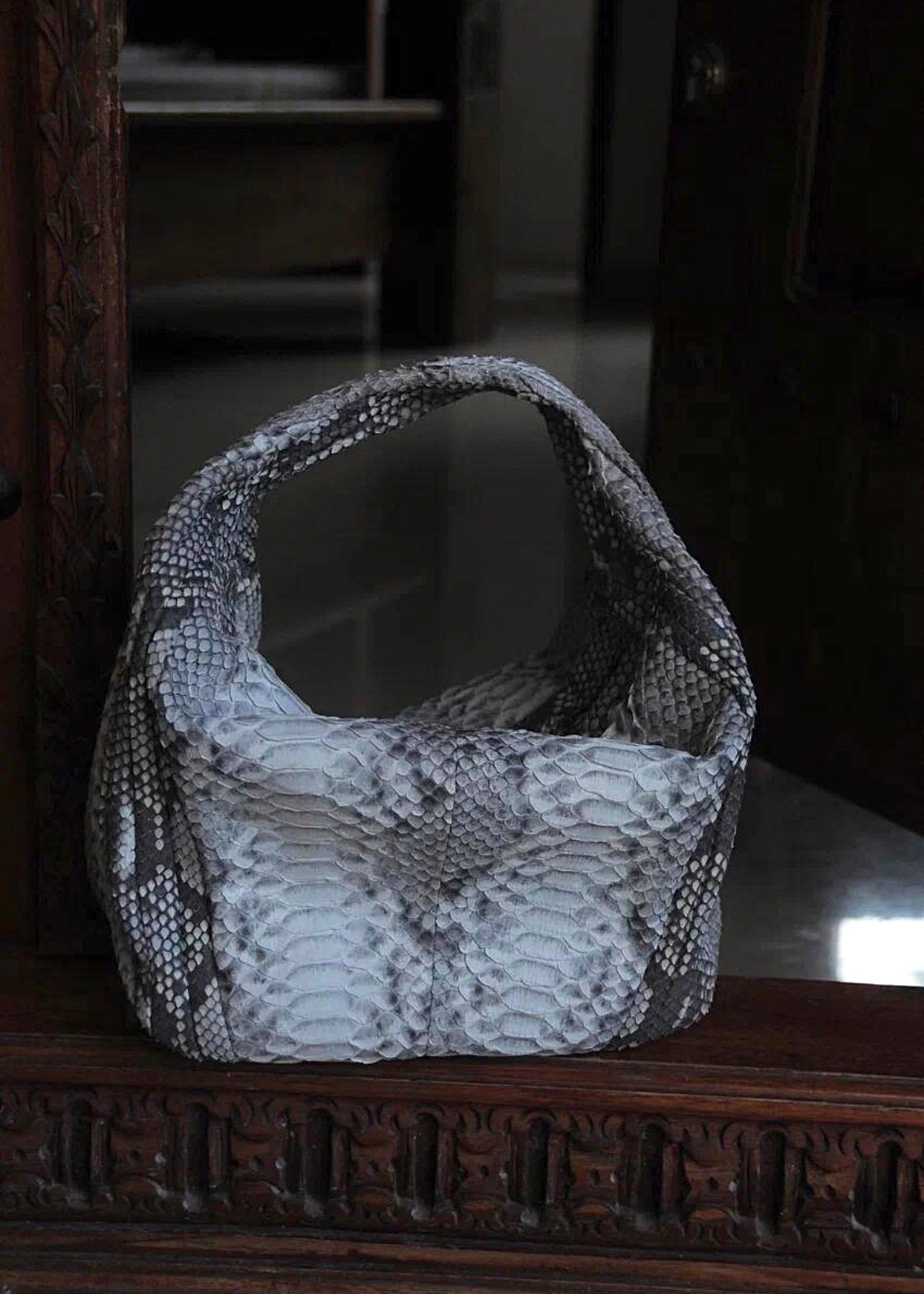 Medium Soft Hobo Python Skin Stitched Bag — Gray