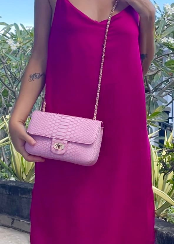 Genuine Python Skin Chain Crossbody Bag — Baby Pink