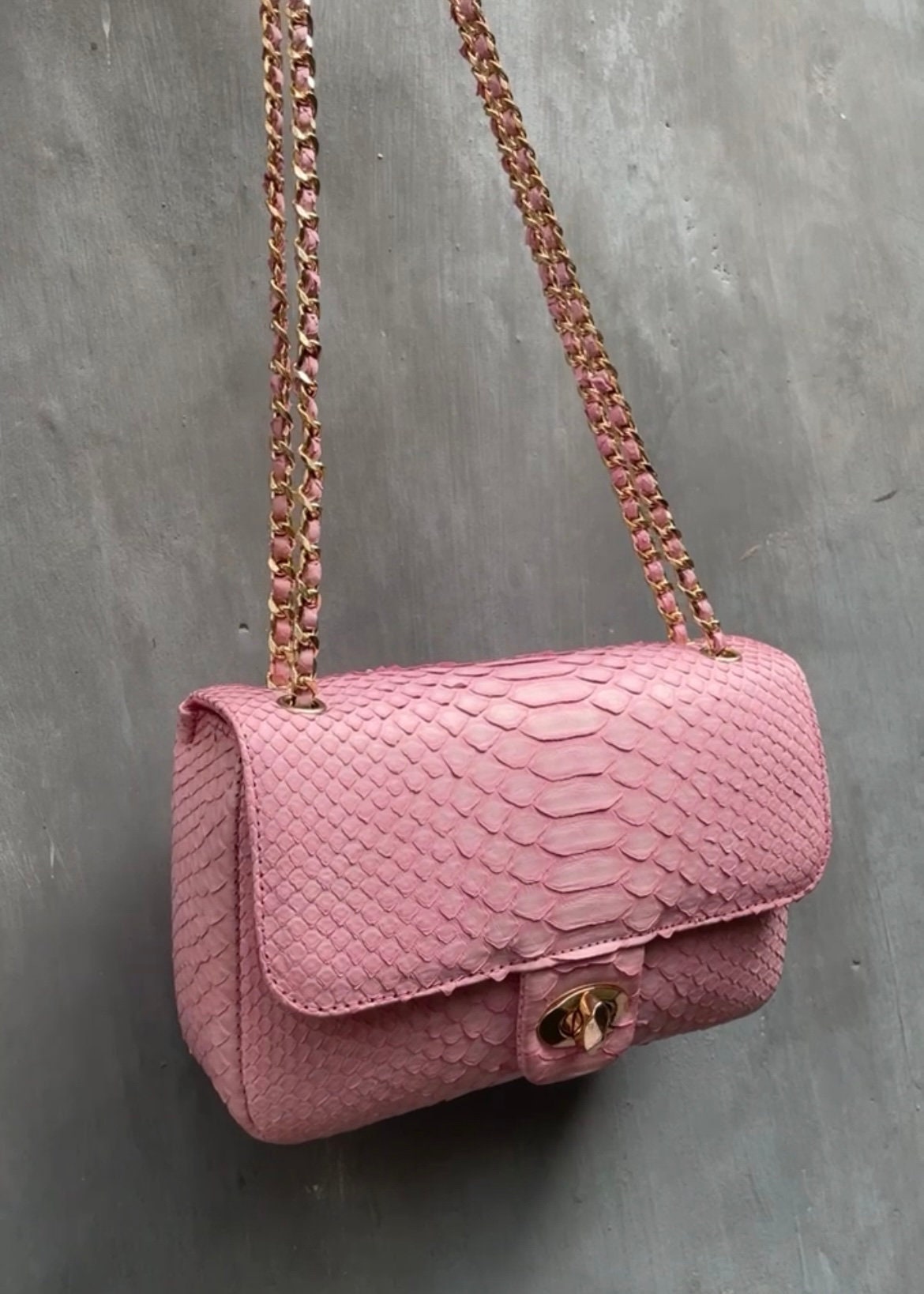 Genuine Python Skin Chain Crossbody Bag — Baby Pink