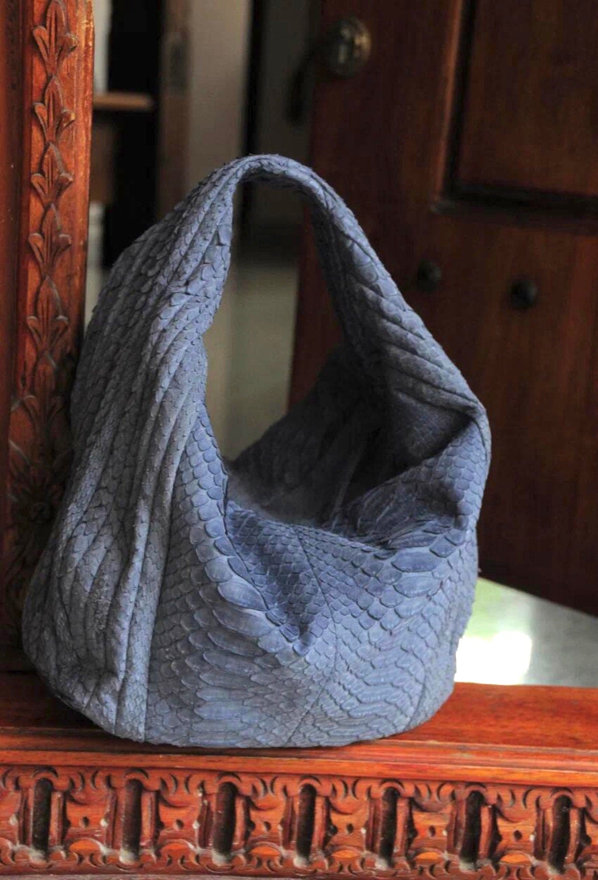 Medium Soft Hobo Python Skin Stitched Bag — Light Blue