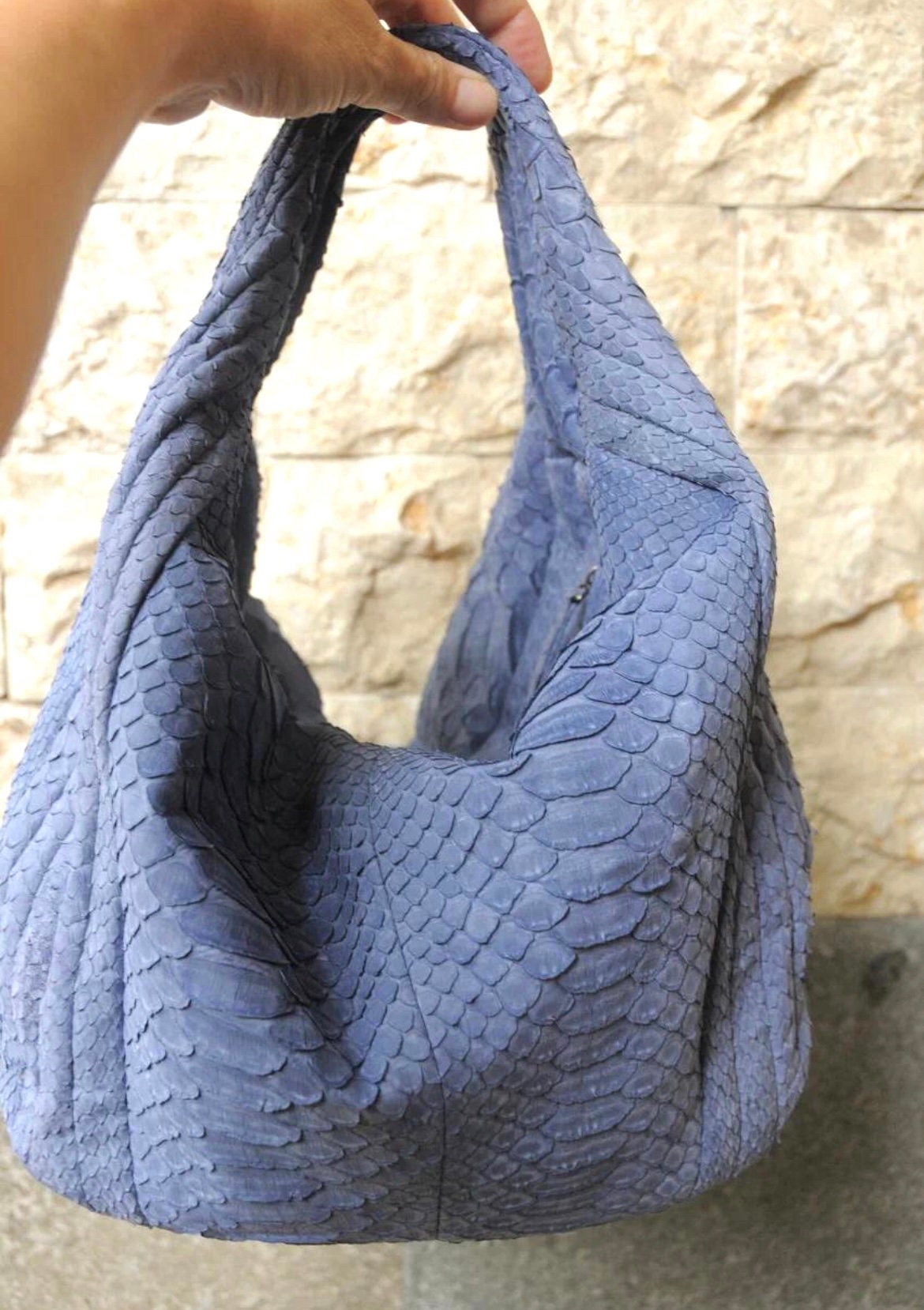 Medium Soft Hobo Python Skin Stitched Bag — Light Blue