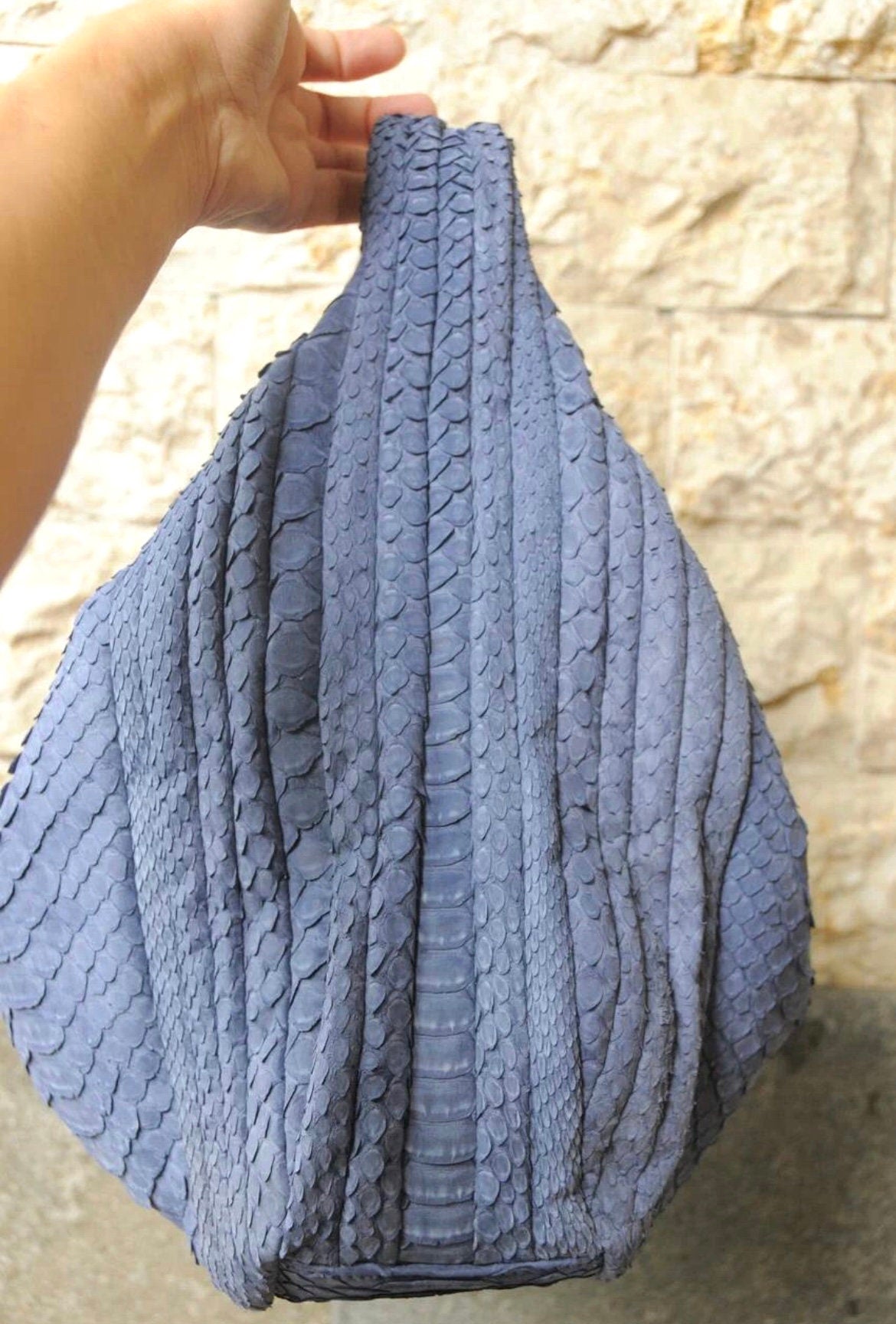 Medium Soft Hobo Python Skin Stitched Bag — Light Blue