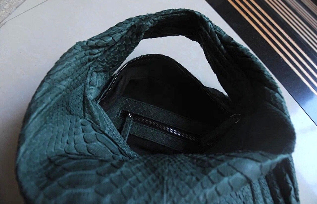 Medium Soft Hobo Python Skin Stitched Bag — Green