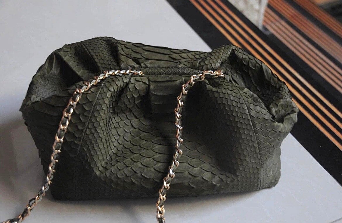 Genuine Python Skin Pouch Bag — Khaki Green