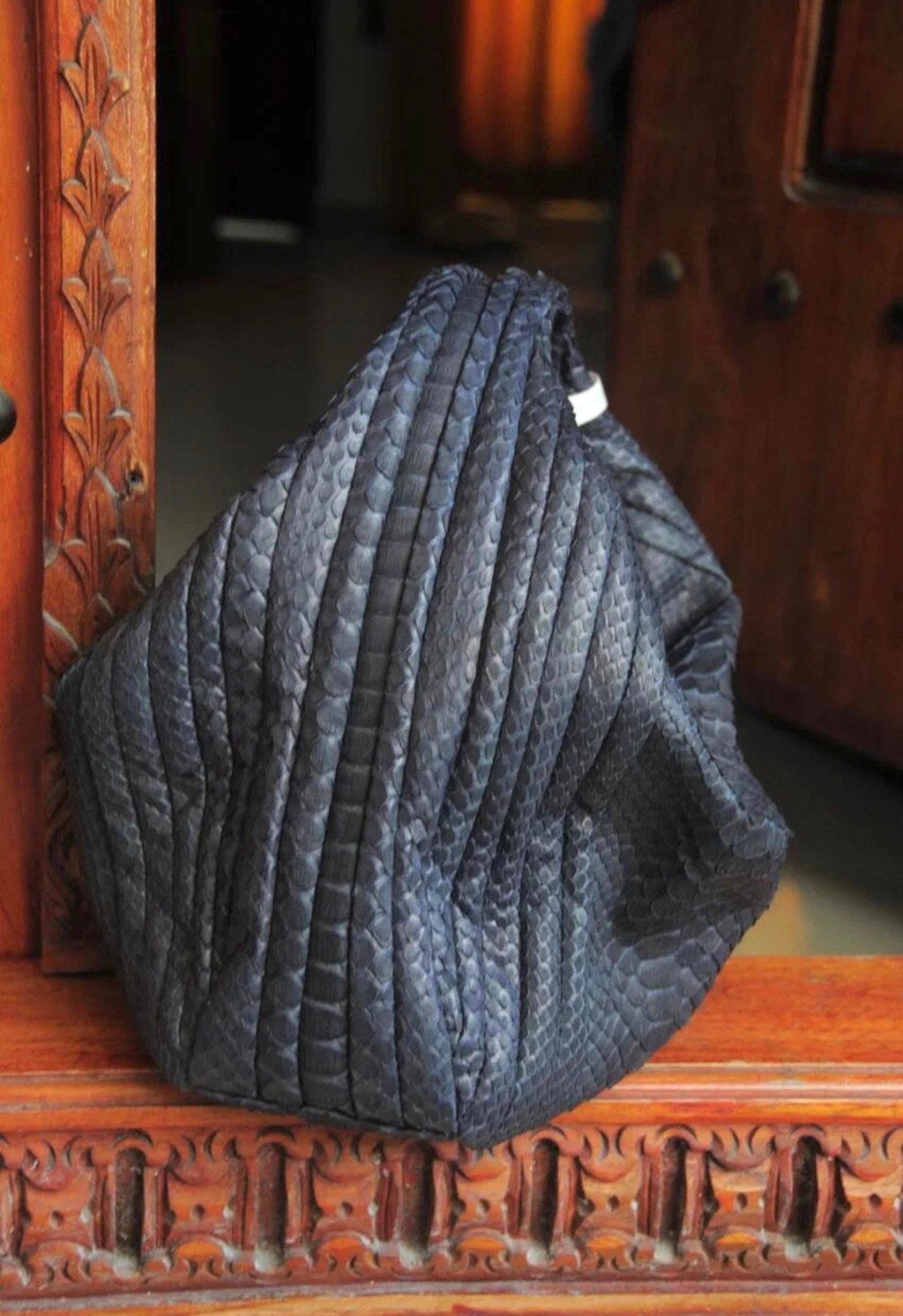 Medium Soft Hobo Python Skin Stitched Bag — Blue