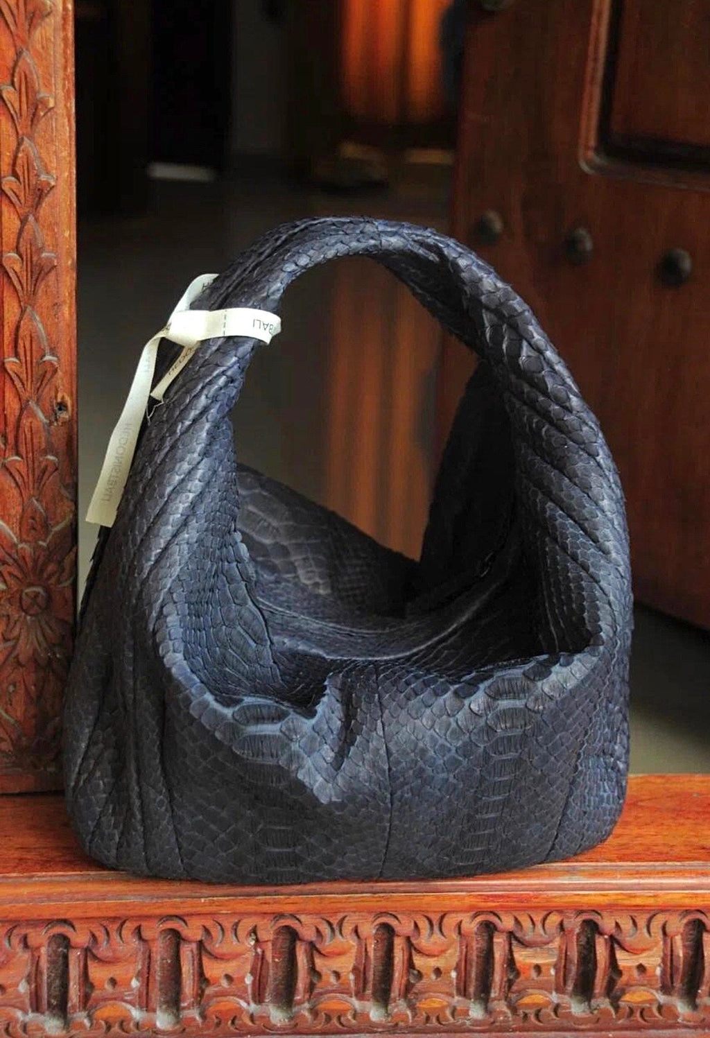 Medium Soft Hobo Python Skin Stitched Bag — Blue