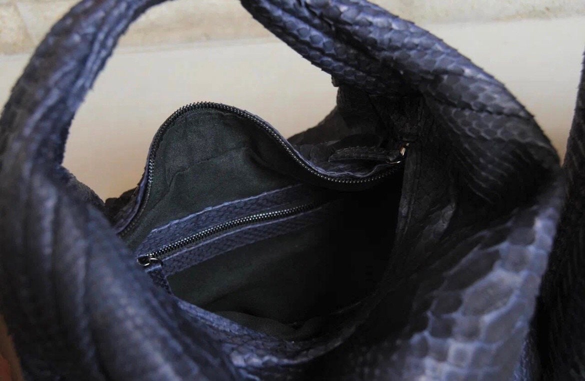 Medium Soft Hobo Python Skin Stitched Bag — Blue