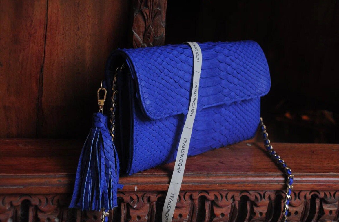 Genuine Python Skin Flat Clutch with Chain — Teal