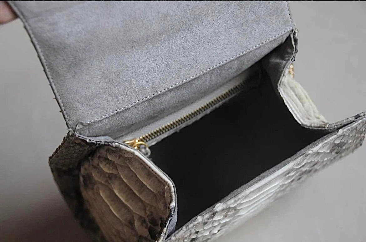 Genuine Python Skin Chain Crossbody Bag — Grey