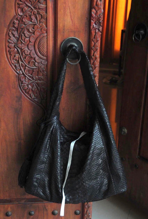 Big Soft Hobo Python Skin Bag — Black