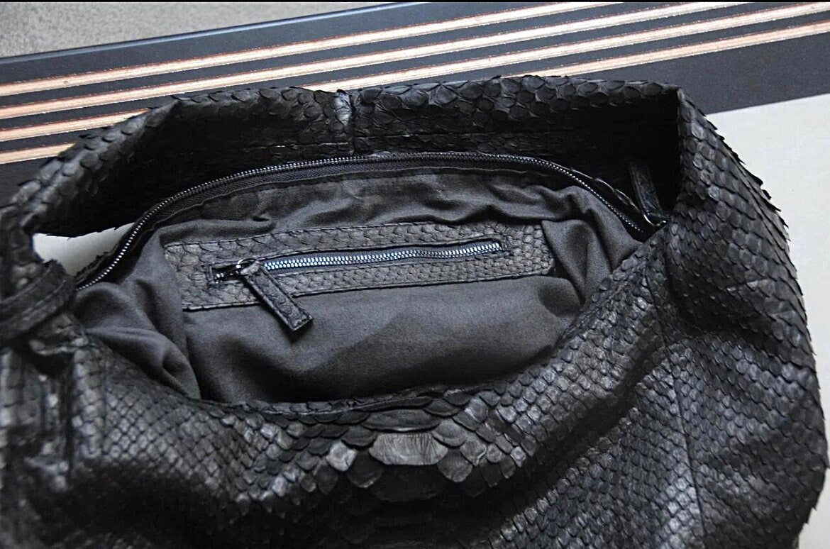 Big Soft Hobo Classy Sport Woman Bag | Purse Genuine Python Skin | Python Skin Products | Black Big Elegant Leather Designer Soft Bag Snake