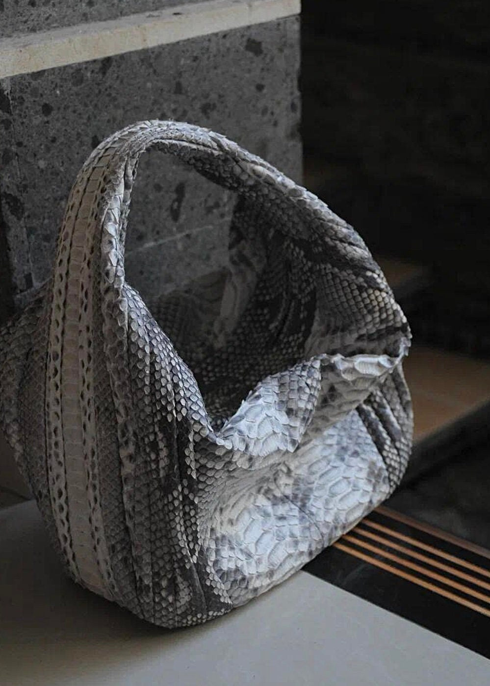 Medium Soft Hobo Python Skin Stitched Bag — Gray