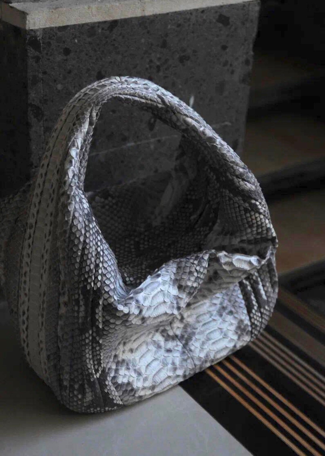 Medium Soft Hobo Python Skin Stitched Bag — Gray