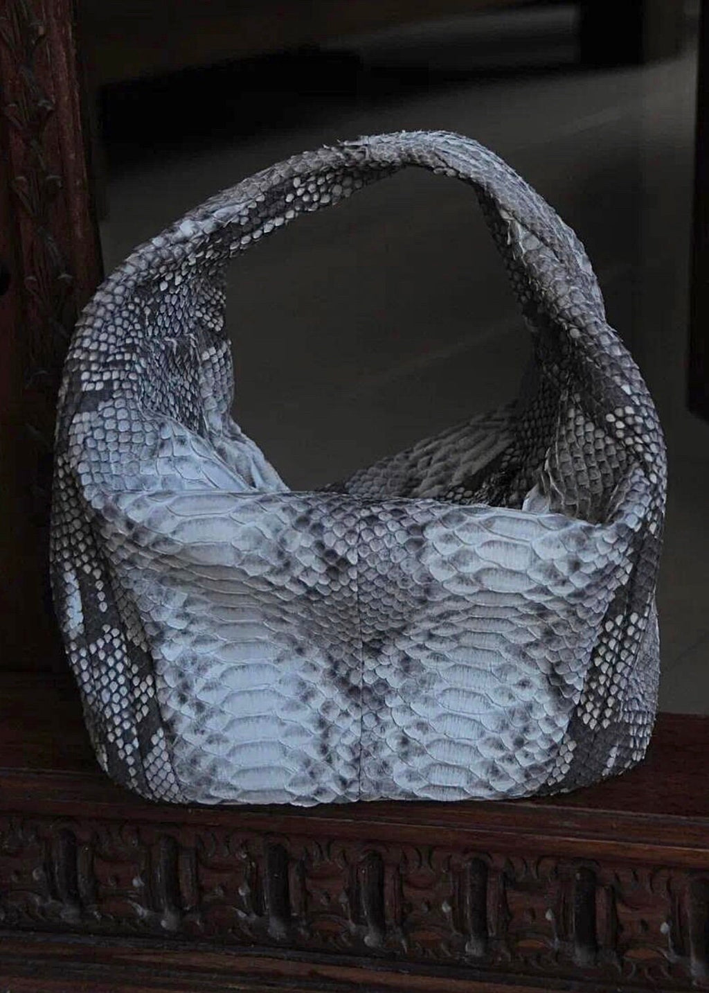 Medium Soft Hobo Python Skin Stitched Bag — Gray